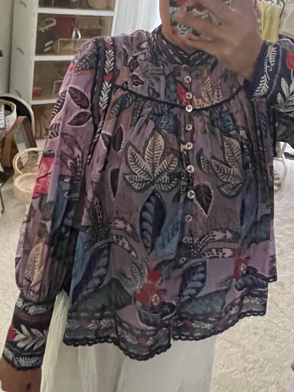 FARM Rio Lavender Multi-Color Botanical Print Peasant Top